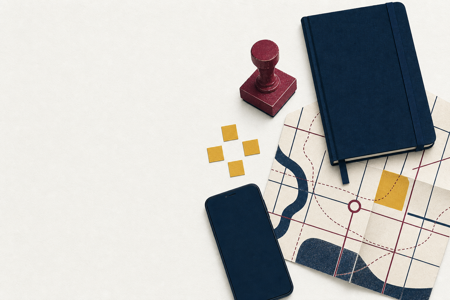 A field notebook, stamp, phone, and abstract map arranged on paper