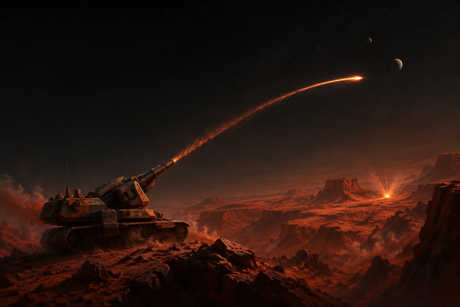 Scorched Mars artwork: a tank firing an artillery shell across a Martian canyon
