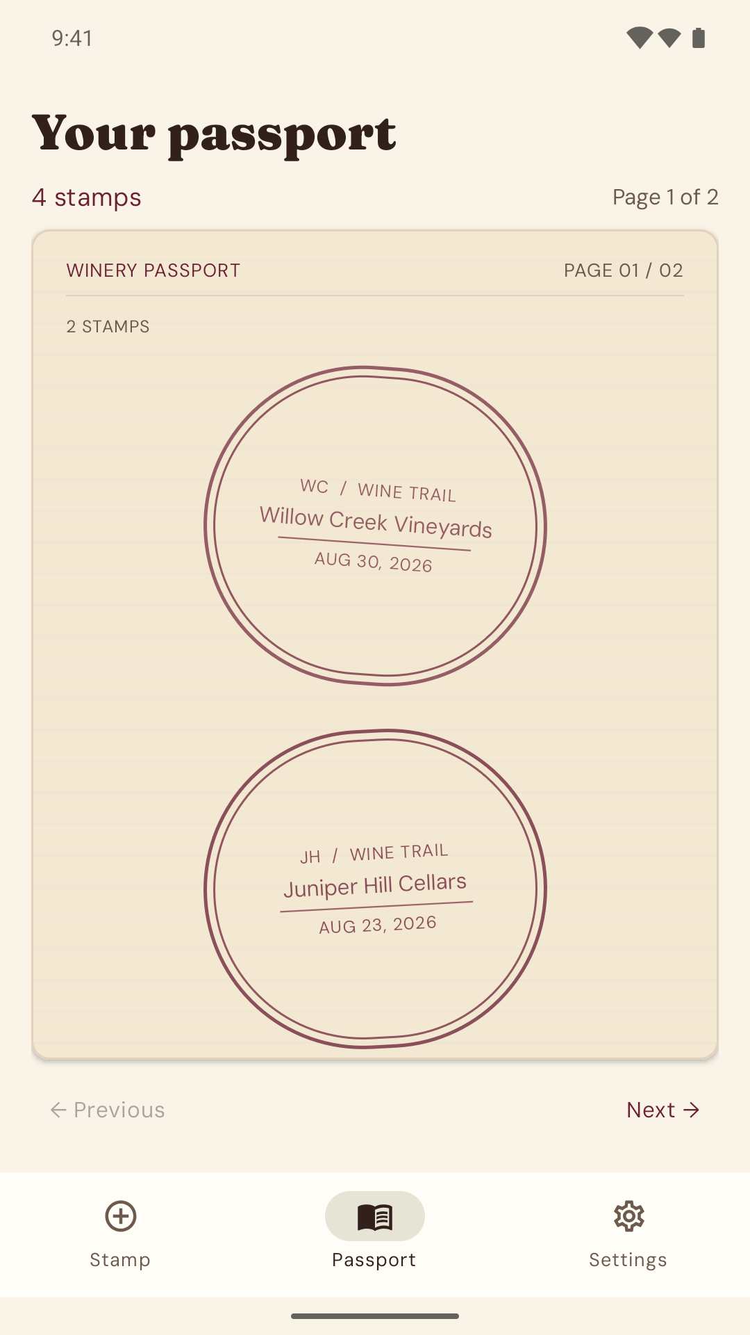 Winery Passport’s passport screen with collectible stamps for sample winery visits