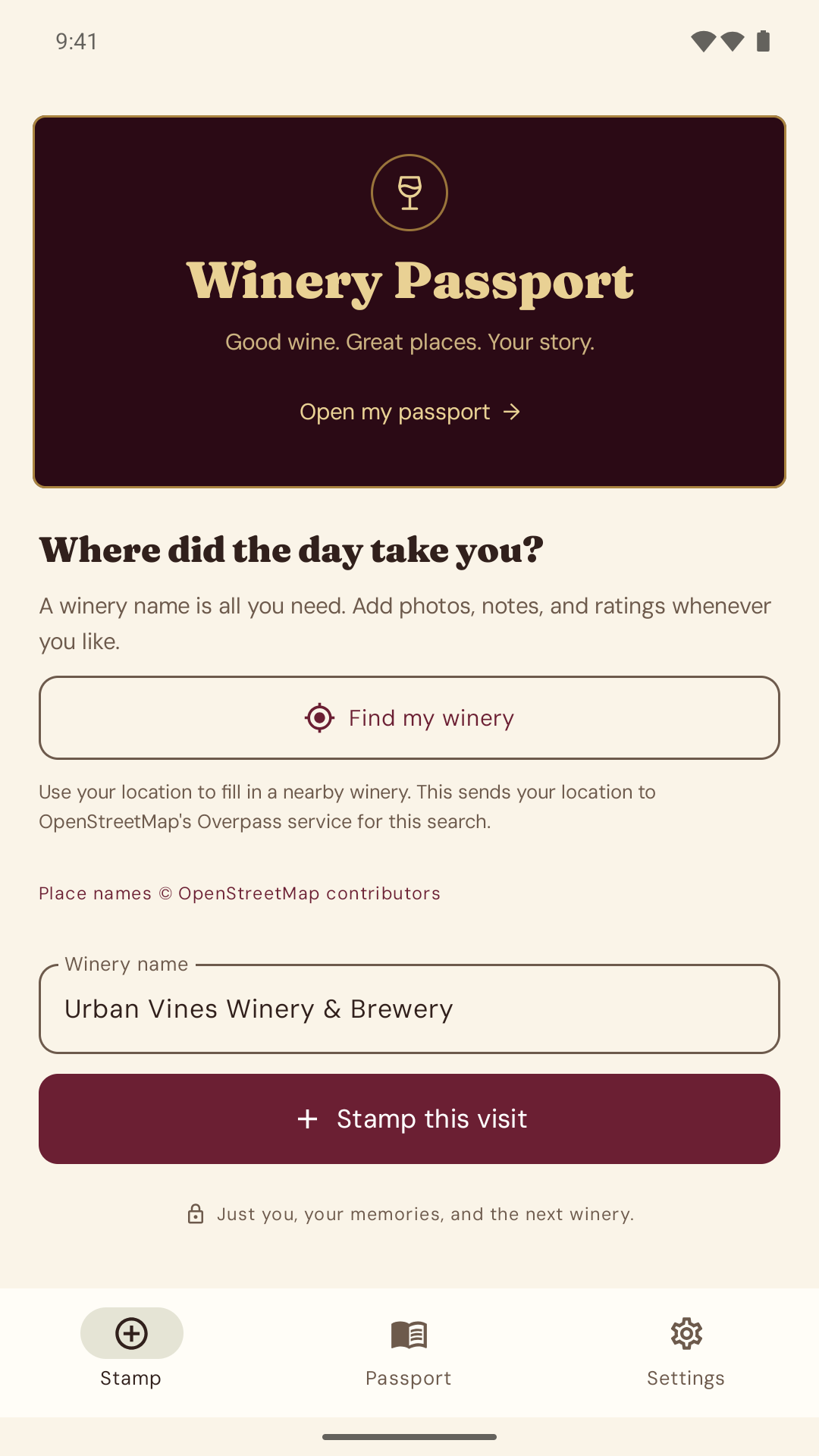 Winery Passport’s Stamp screen with Find my winery and manual name entry